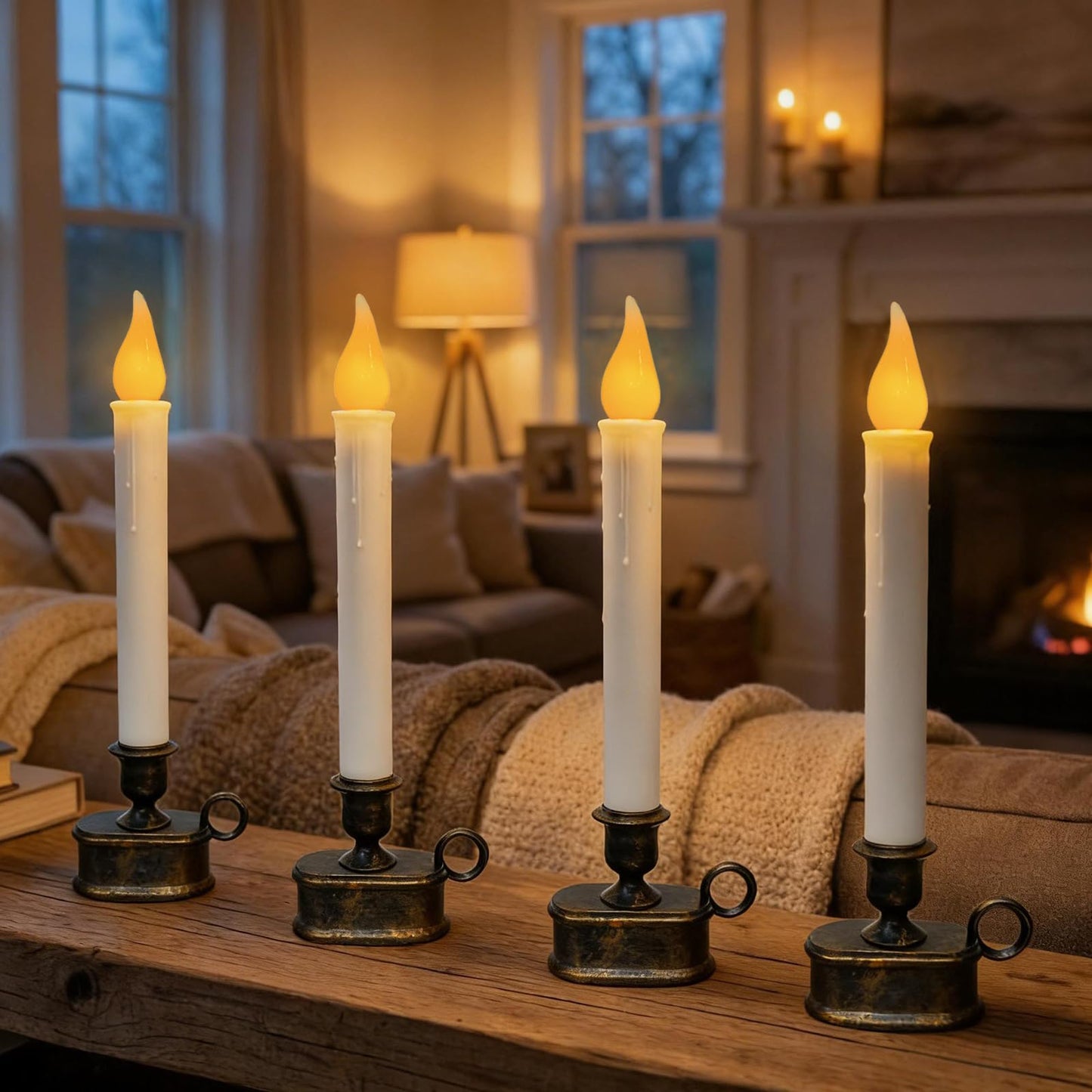 4 Pack Christmas Window Candle Lamps, Flameless Flicker LED Lights and Bronze Base, Dusk to Dawn Light Sensor, 10 Inch Battery Powered Window Candle for Dinners, Table, Party, Valentines Decorations