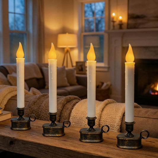 4 Pack Christmas Window Candle Lamps, Flameless Flicker LED Lights and Bronze Base, Dusk to Dawn Light Sensor, 10 Inch Battery Powered Window Candle for Dinners, Table, Party, Valentines Decorations