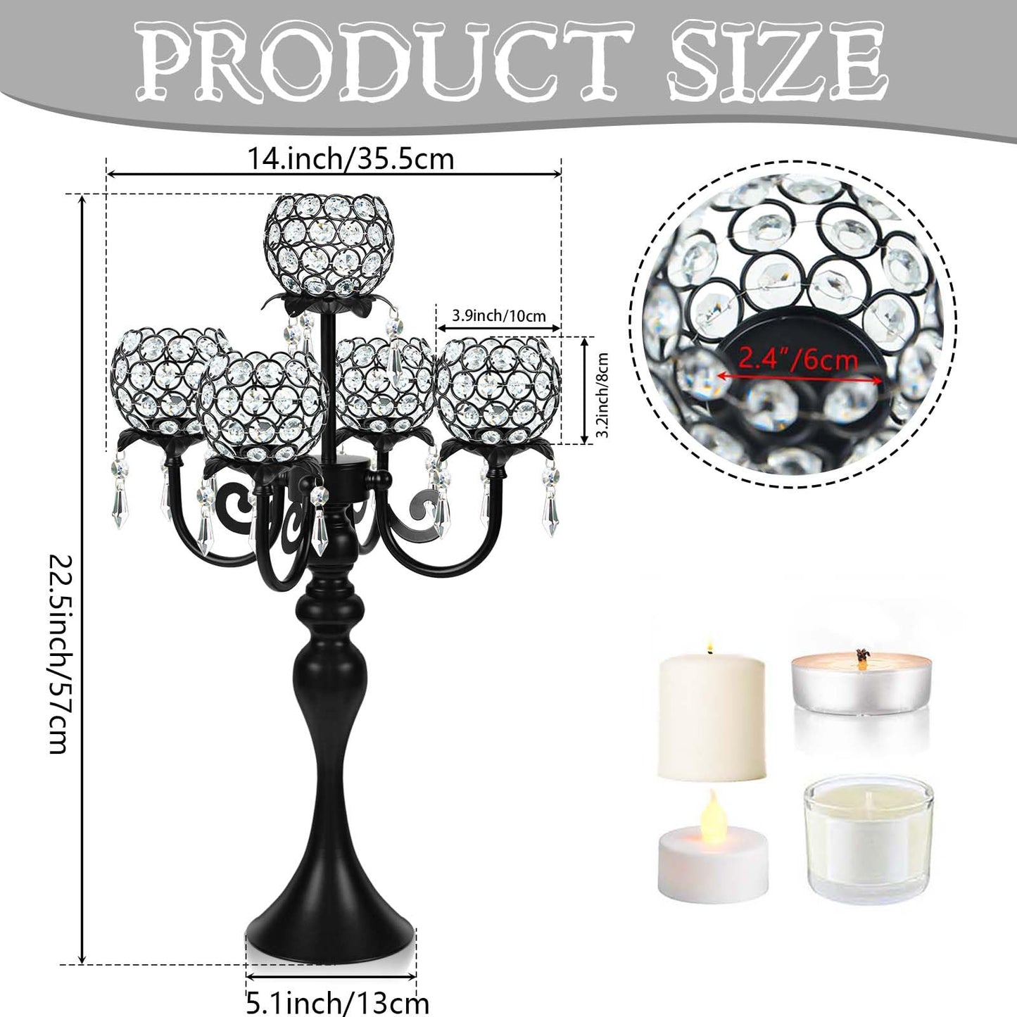 Kehail Crystal Tea Light Candle Holders Set - 14" L x 22.5" H Matte Black Metal & Sparkling Accents, Wedding & Party Centerpiece Decor(2, Black)
