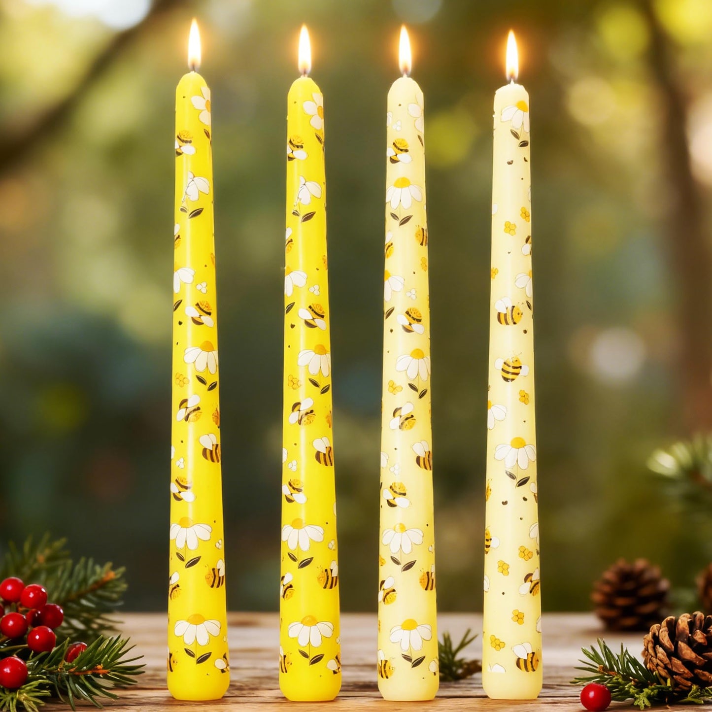 FYBW Bee Print Taper Candles 10 Inch 4 Pack Unscented, Smokeless, Tall Tapered Candles for World Bee Day Mother's Day, Wedding Holiday Party(BY3)