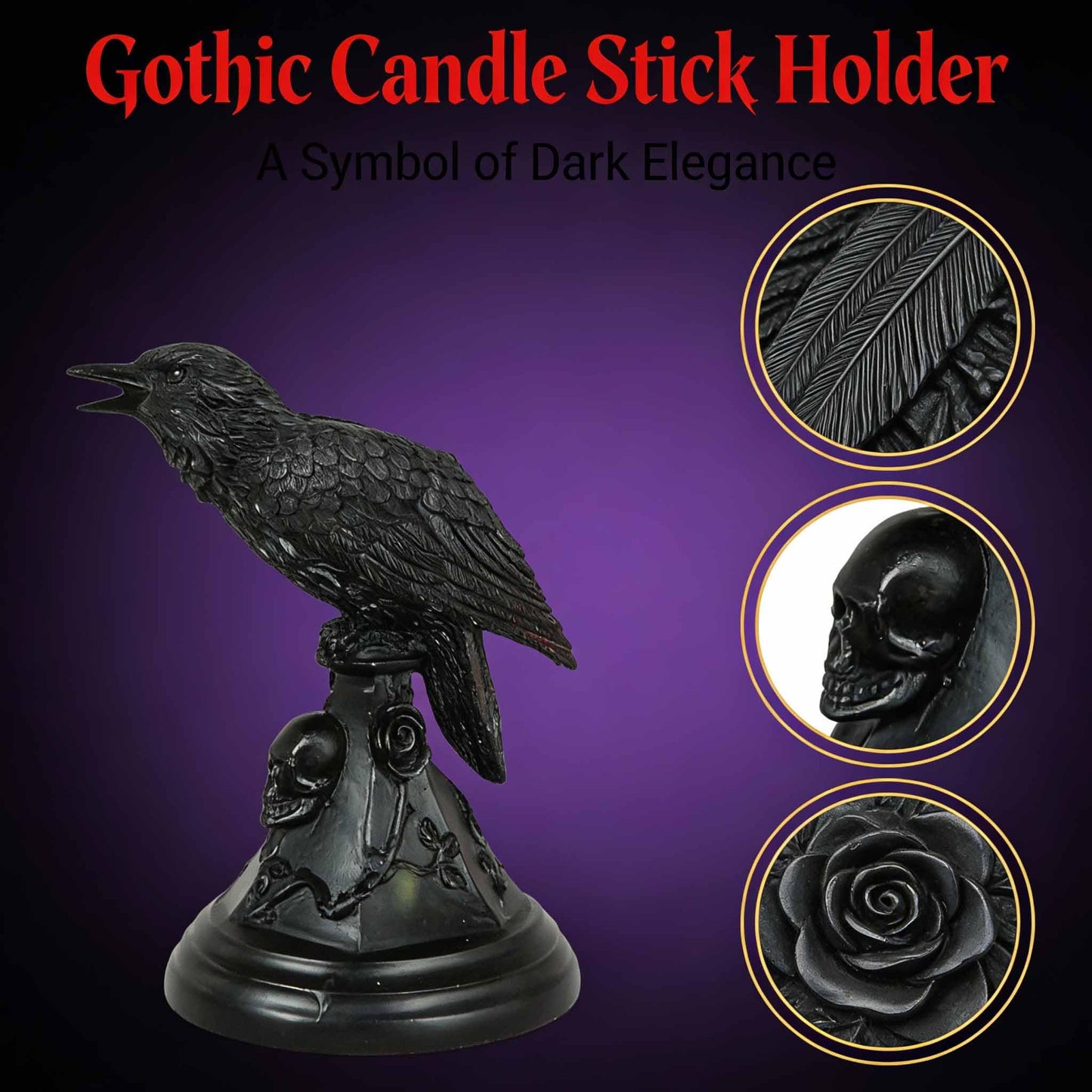Gothic Decor Halloween Raven Candle Holder Crow Statue – Witchy Occult Home Décor,Skull Spooky Tabletop Furniture(Raven)