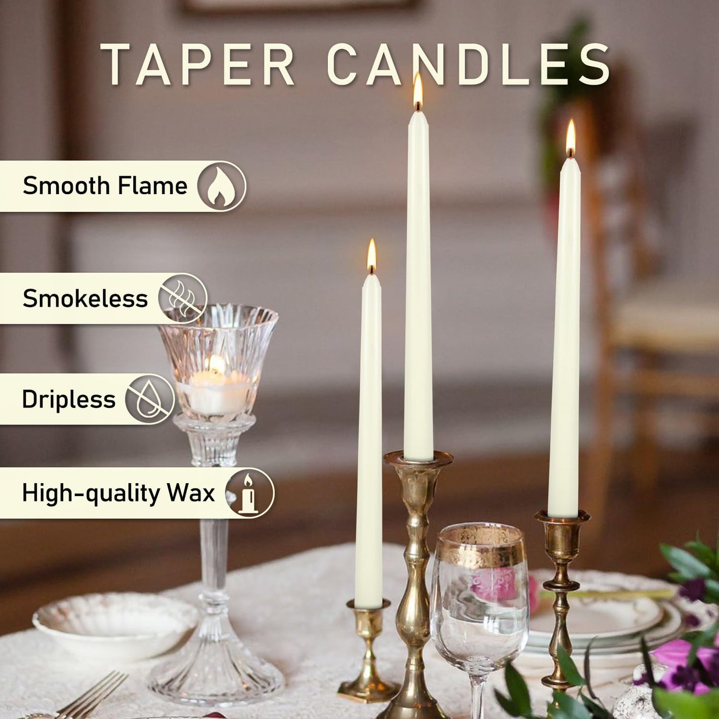 WPONSZU 50 Pack Ivory Taper Candles, 7-8 Hours Burn Time, Unscented, Smokeless and Dripless, 4/5 x 10 Inch for Christmas,Household,Dinner,Wedding,Valentine's Day,Party and Home Décor Candlesticks