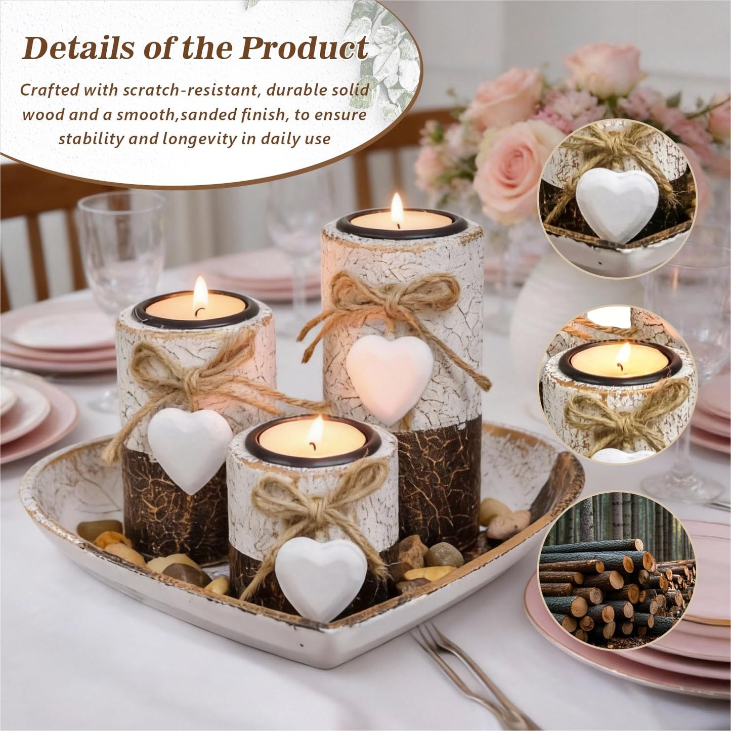 Wooden Tealight Candle Holders with Heart Tray, Rustic Farmhouse Candle Holders for Table Centerpiece Classic and Elegant Tea Light Holder Set for Valentines Day Wedding Anniversary Holiday Home Decor