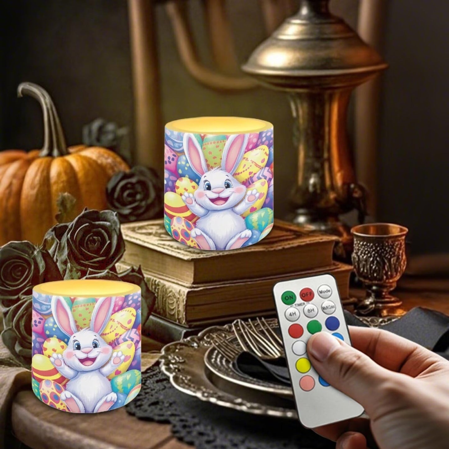 Merkmak Pack of 4 Flameless Candles with Timer Battery Operated Candles with Remote, Easter Eggs Cartoon Bunny Print LED Pillar Tea Lights for Easter Day Patio Banquet Home Decoration