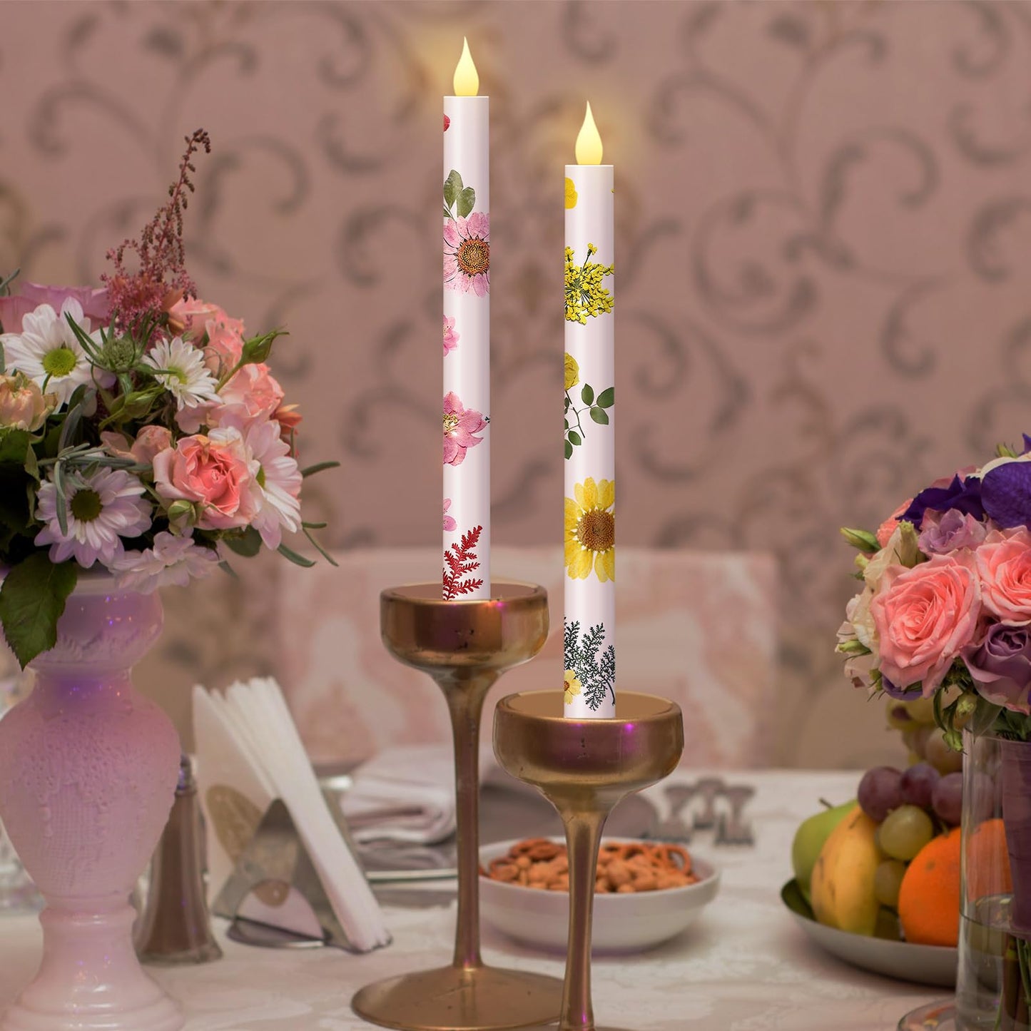 Nuanchu 6 Pcs Mother's Day Floral LED Flameless Taper Candles 10.6 Inch Pastel Dried Flower Flameless Candles Battery Operated Candlestick for Home Wedding Garden Summer Party Decoration