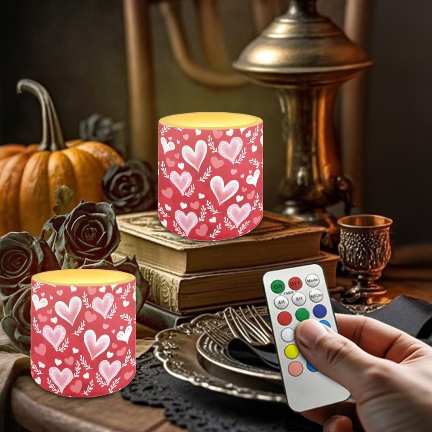 Merkmak Flickering Flameless Candles with Remote Battery Operated Candles with Timer Valentine's Day Red Heart Leaves Print LED Pillar Tea Lights for Indoor Outdoor Banquet Wedding Home Decor