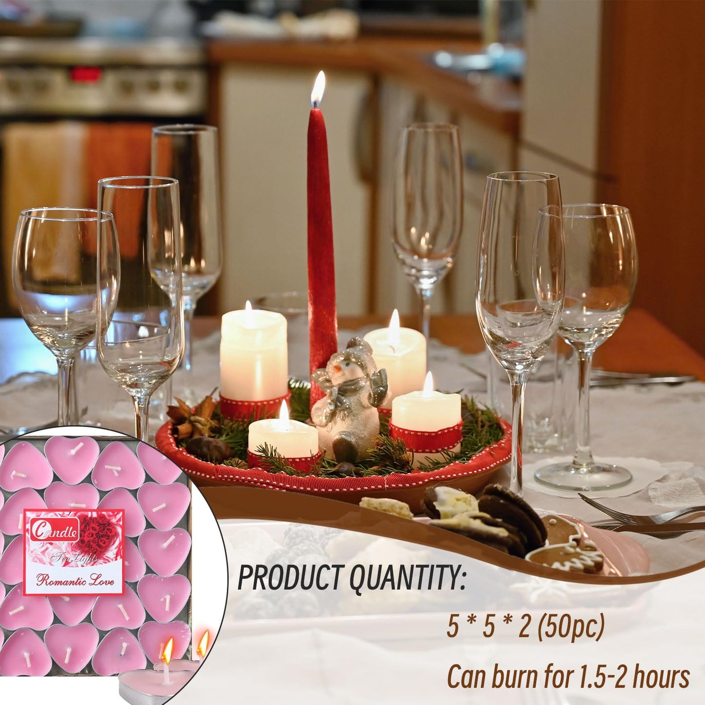 Heart Shaped Tealight Candles 50 Packs,25 * 2 Layers Romantic Love Unscented mokeless for Dinner Home Wedding (Pink)