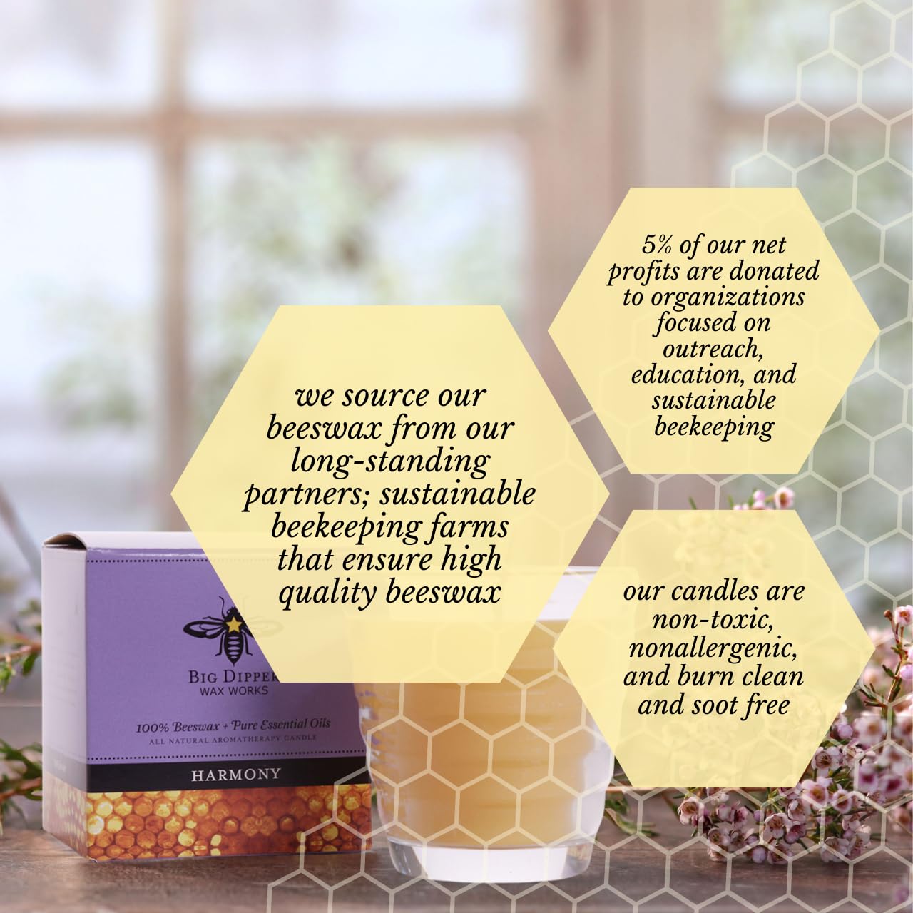Big Dipper Wax Works Beeswax Aromatherapy Candle, Harmony - Pure Lavender Essential Oil, Beehive Glass, 100% Natural Beeswax & Soy Wax Blend, 25-Hour Clean Burn, Relaxation & Stress Relief, 2" x 2.5"
