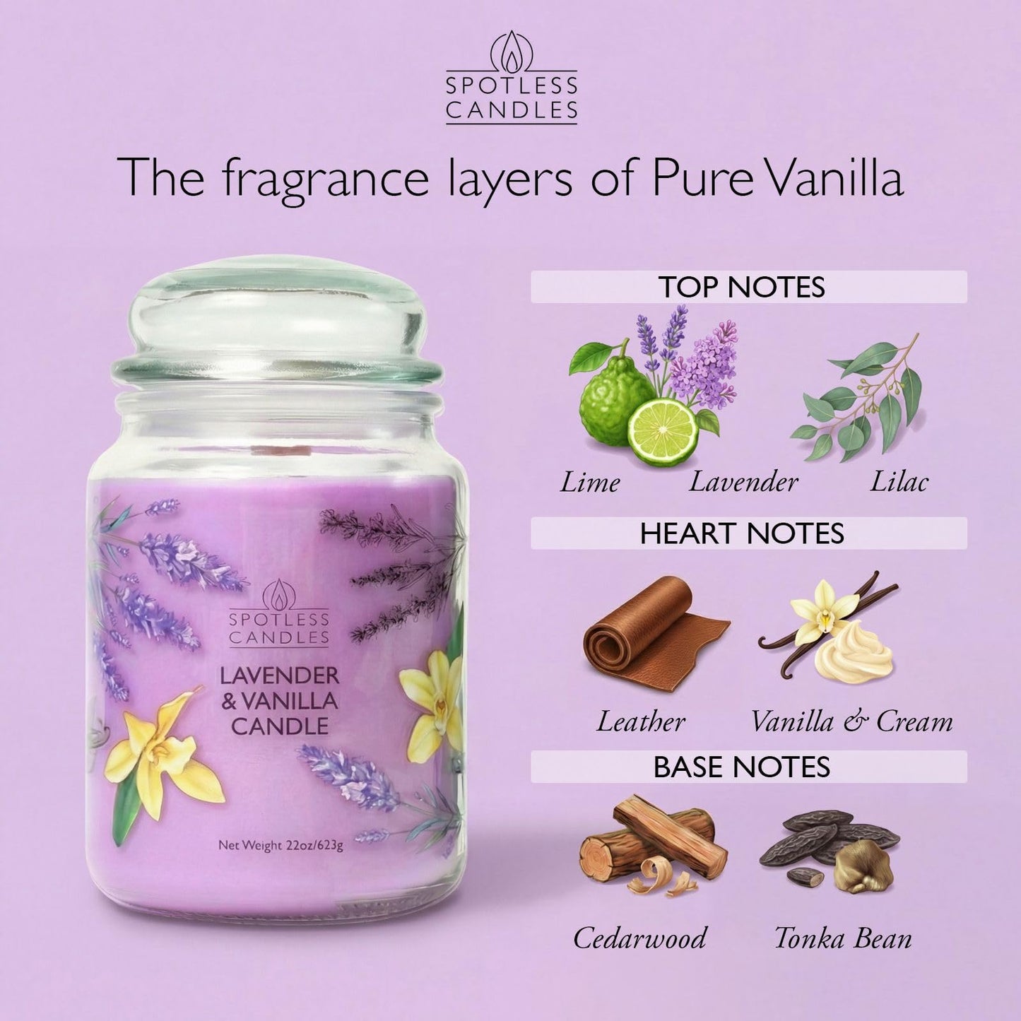 Spotless Leopard Vanilla & Lavender Candle 22oz Glass Jar with Wooden Wick in a Decorated Jar Within a Presentation Gift Box and Protective Shipping Box