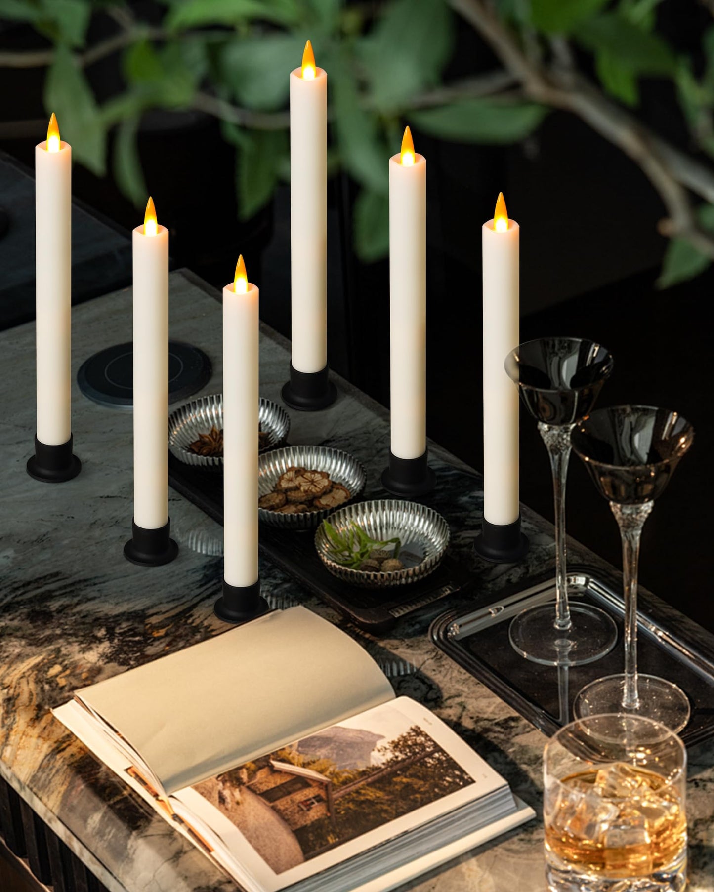 Da by 6 Flameless Window Candles with Remote Controller & Timer, LED Cone Stick Candle, Free 6 Black Bases, 9.6 Inch Battery Powered Christmas Candles for Home, Party, Holidays, Christmas Decoration