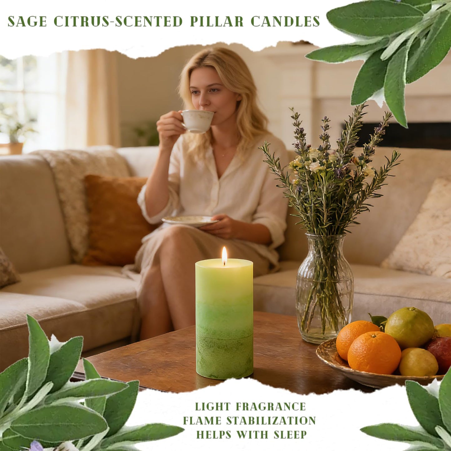 Sage & Citrus Scented Pillar Candles, 2.8x6 Inch Green Pillar Candle Natural Fragrance Candles 210H Long Burning Smokeless Pillar Candle for St. Patrick's Day Home Decor Wedding, 3 Pack