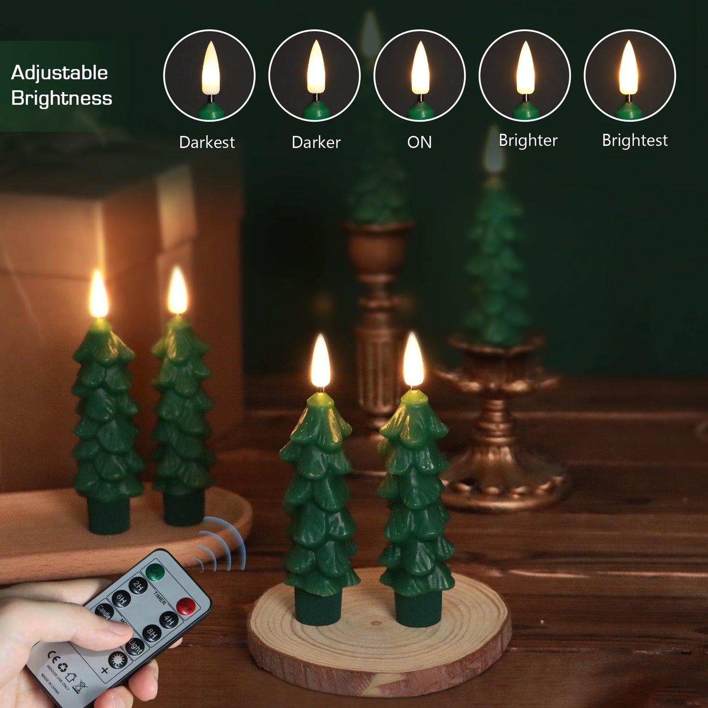 yunsheng 6Pcs Christmas Tree Candles with Remote Timer, Green Real Wax Flameless Taper Candles Flickering, 5 Inches Battery Operated LED Window Candle for Home Holiday Decor