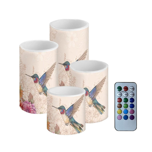 Cozeyat Bird Bloom 4 Pack Flameless Candles Color Changing LED Pillar Candles with Remote Timer Flickering Battery Operated for Indoor Outdoor Home Wedding Decor