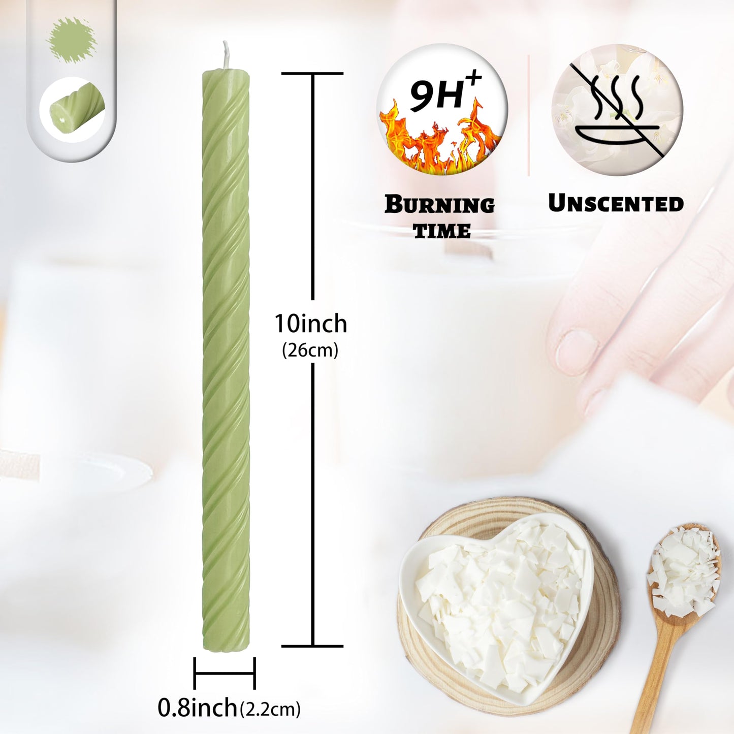 Dripless Taper Candles Unscented Grass Green Spiral Candles Smokeless Long Dinner Candles 10 Inch Long Lasting Burn Candlesticks for Home Decoration Christmas Gifts (2Pcs)