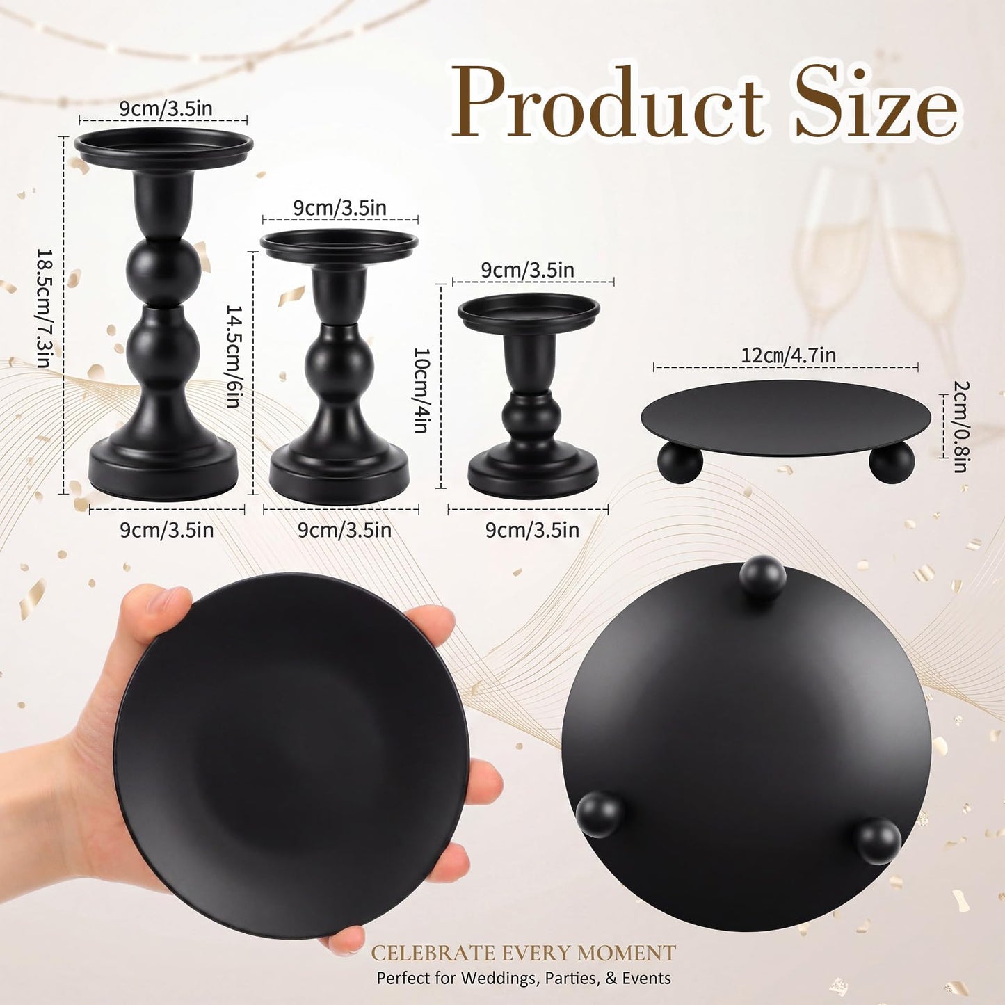Vesici 12 Pcs Candlestick Holder Plate Pillar Candle Holder Candles Stand Decorative Centerpieces for Table Wedding Events Party Living Room Housewarming Gift (Baking Paint,Size 2,Black)