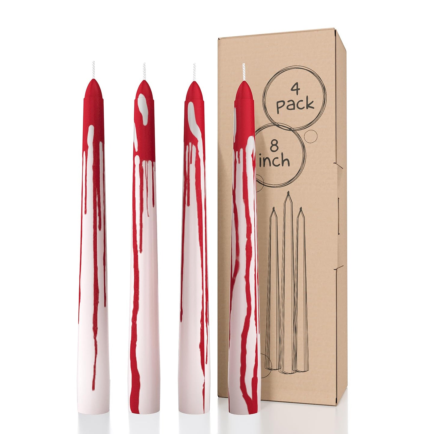 CANDWAX 8 inch Blood White Taper Candles Set of 4 - Smokeless Dripless Scentless Candlesticks - Perfect as Halloween Décor and as Household Dinner Table Centerpiece Candle Sticks
