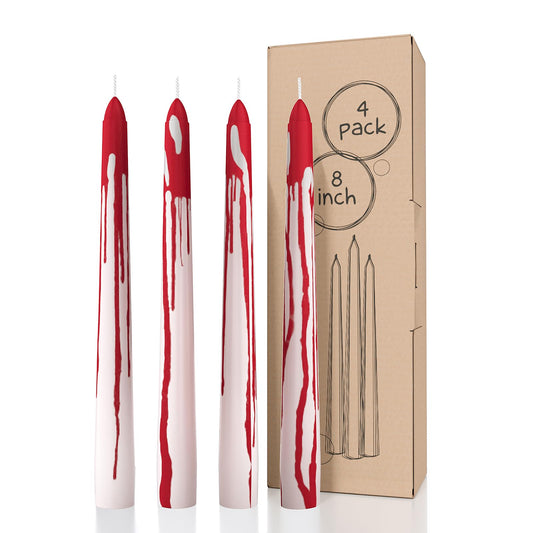 CANDWAX 8 inch Blood White Taper Candles Set of 4 - Smokeless Dripless Scentless Candlesticks - Perfect as Halloween Décor and as Household Dinner Table Centerpiece Candle Sticks