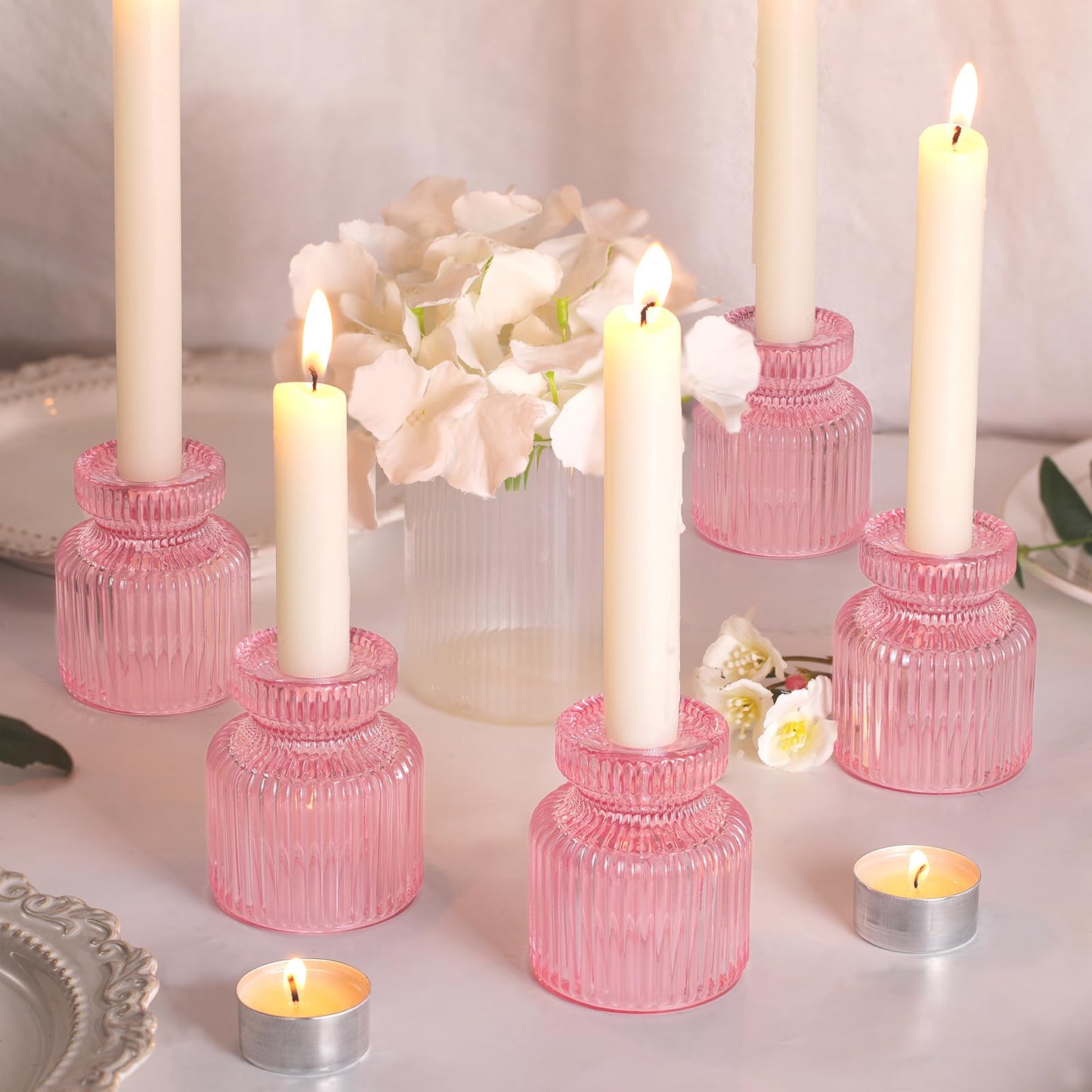 DARJEN 12 Pcs Glass Candlestick Holders- Pink Taper Candlestick Holders Tealight Votive Candle Holders for Table Centerpieces, Wedding, Dinner Party, Home Decor