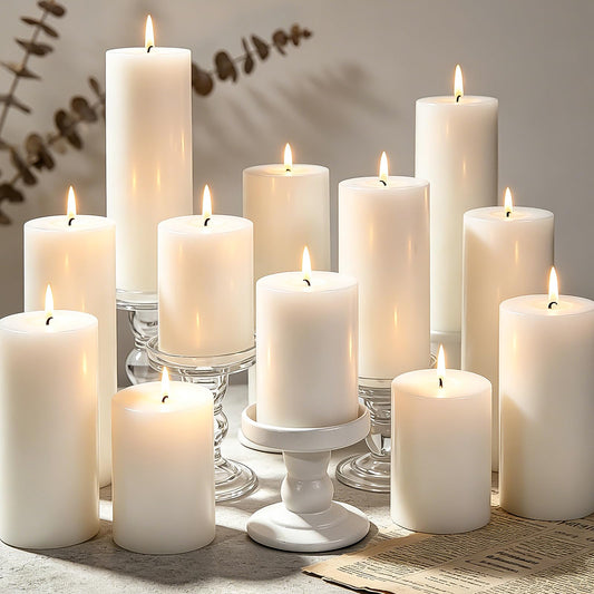 White Pillar Candles Set, 12 Packs, 2.8 in x 4, 6, 8 Inch Assorted Size Unscented Pillar Candles Bulk for Home Decor, Long Burning Candle for Emergency, Holiday Dinner, Dripless & Smokeless