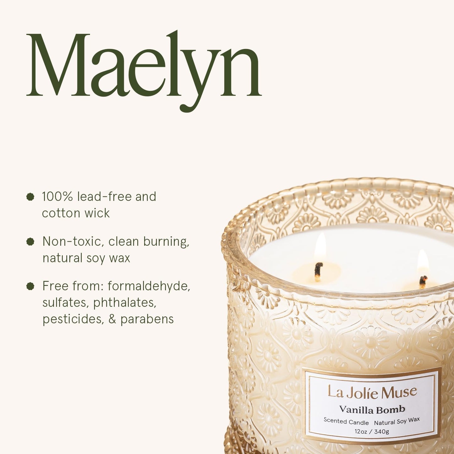 LA JOLIE MUSE Vanilla Bomb Candle – Lemon Zest, Fressia & Patchouli | 12 oz Large 2-Wick Soy Wax Candle | 60 Hours Clean Burn | Gift-Ready for Hosts | Elegant Home Décor