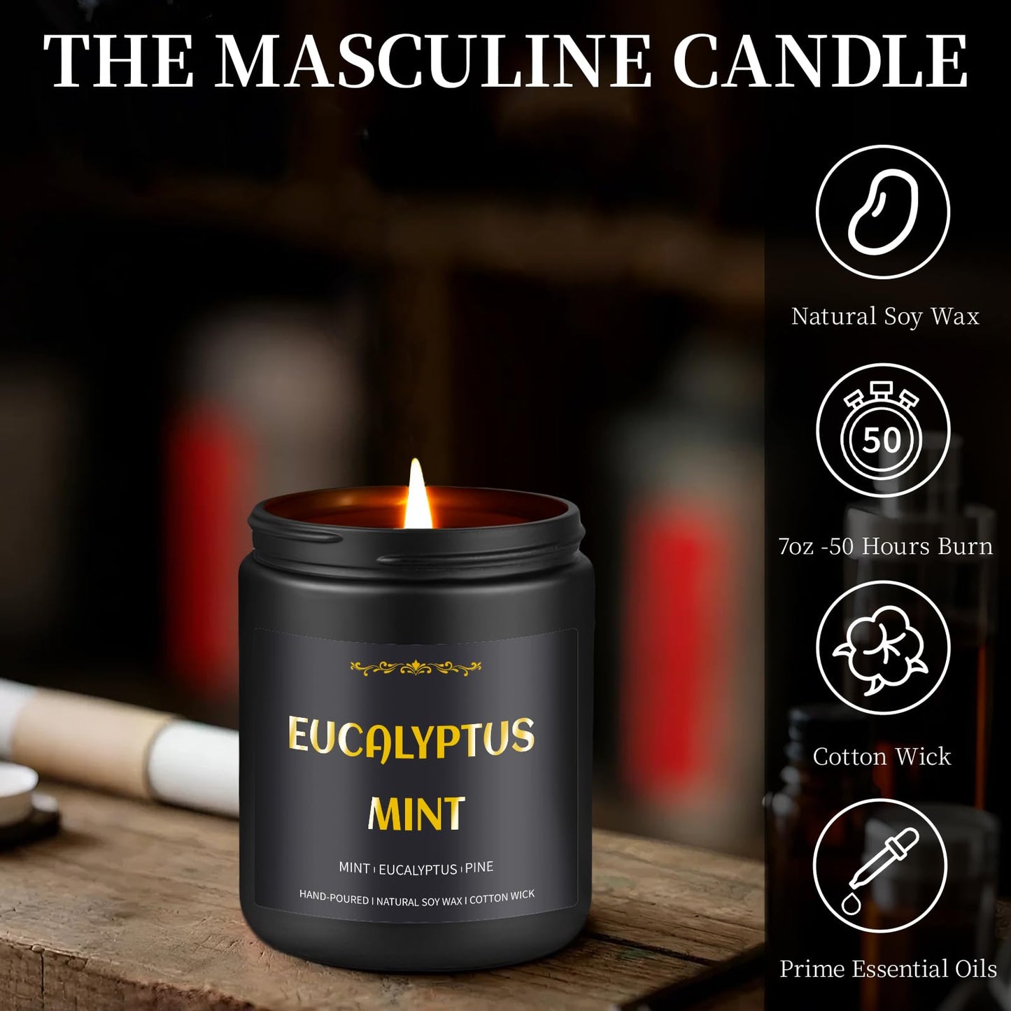 Eucalyptus Mint Candle, 7 oz Scented Candle for Men, Soy Candles for Home Scented, Masculine Jar Candle for Him, 50 Hours Burning Time Mens Candle Gift for Boyfriend, Father, Birthday Present Giving