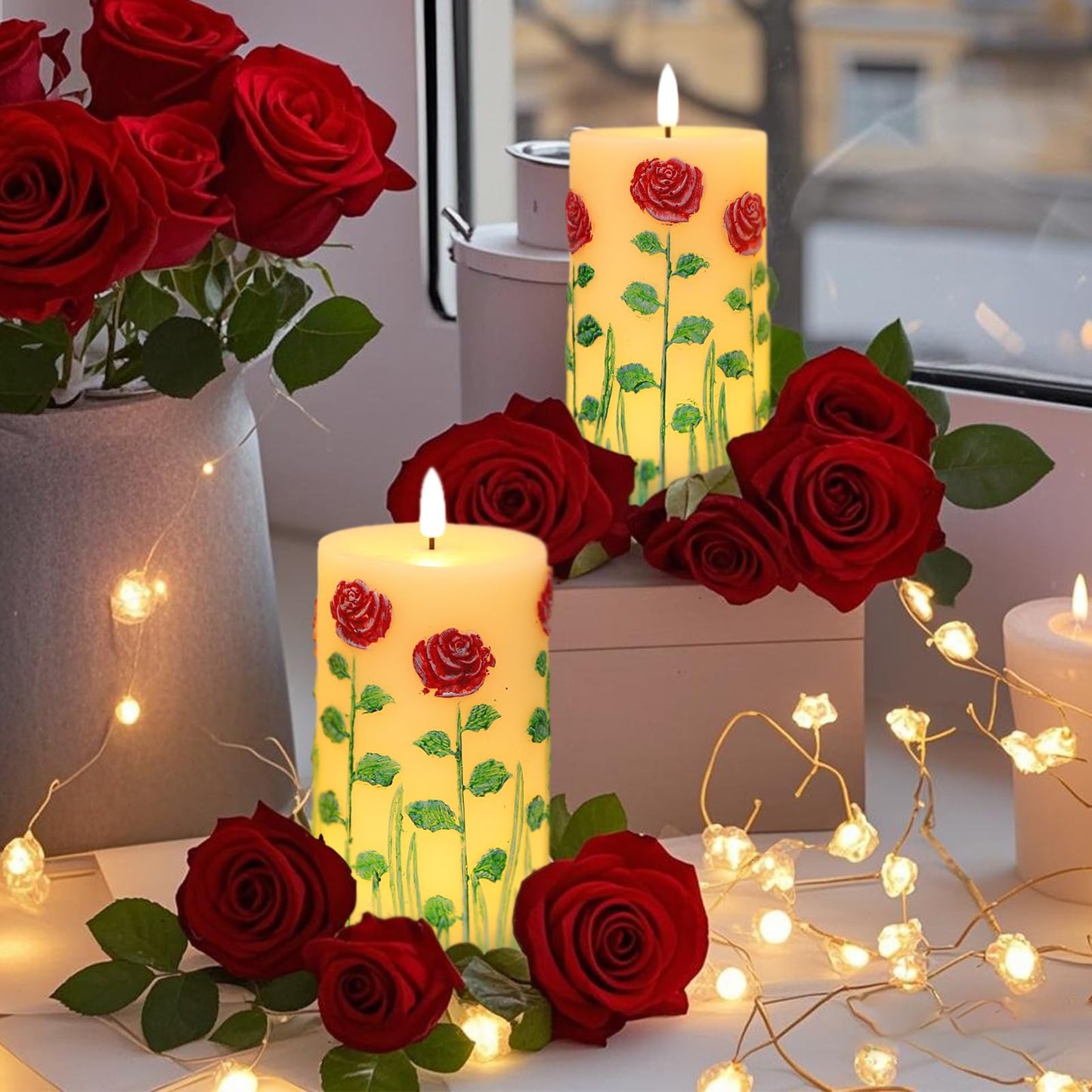 Eldnacele Rose Flameless Candles with 6 Hour Timer, Battery Operated Hand Painted 3D Wick Flickering Real Wax LED Pillar Candles for Spring Dinner Christmas Holiday Decor((2Pcs, D3×H6.5)