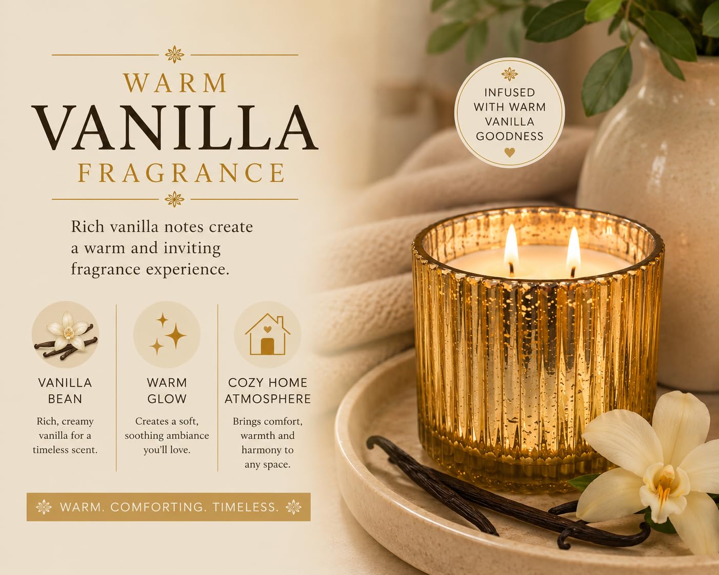 Vanilla Scented Candle, 12 oz Triple Wick in Gold Mercury Glass Jar, Warm Vanilla Fragrance, Decorative Home Candle, Reusable Luxury Glass Container, Luxury Breeze