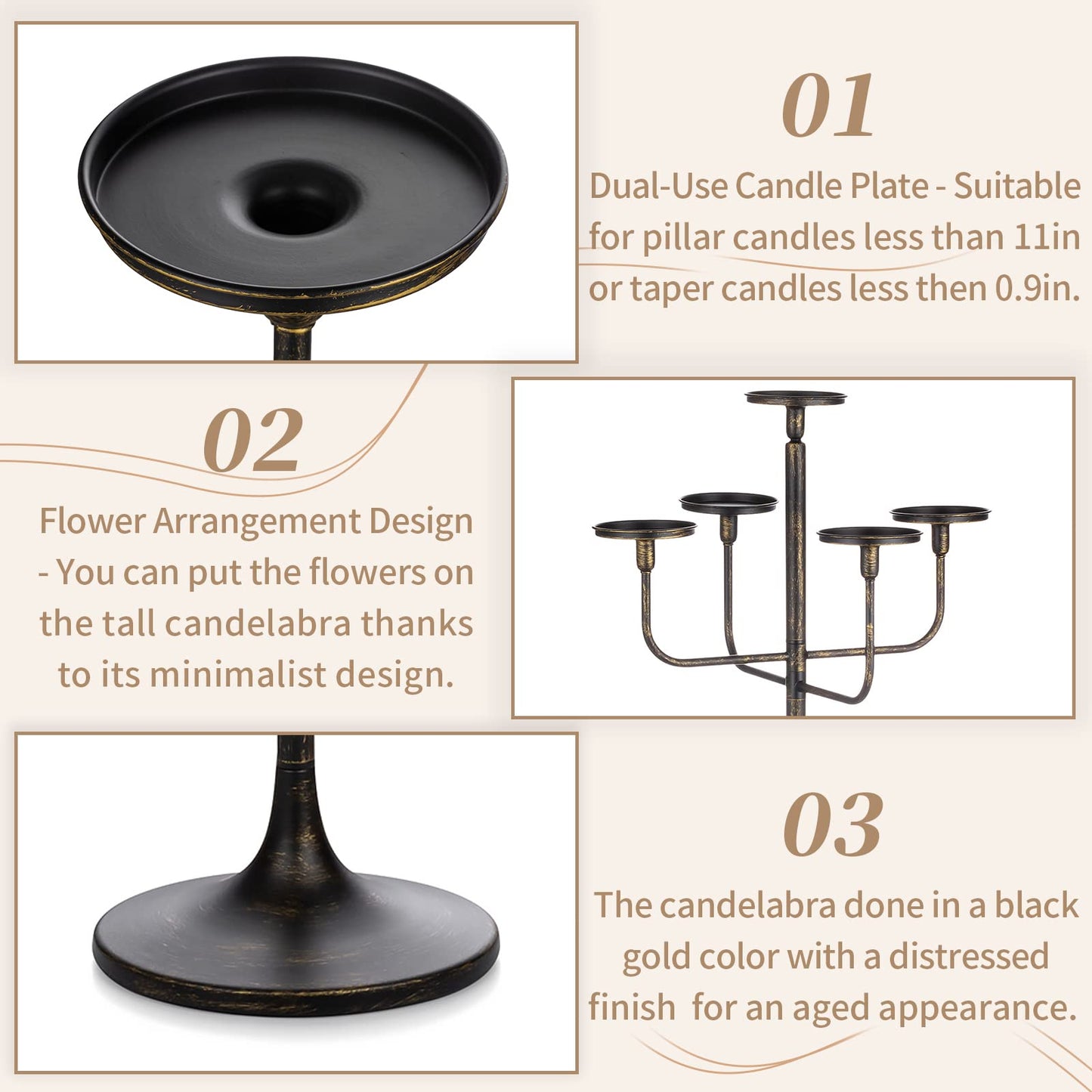 Sziqiqi 48inch Tall Candlestick Holders Floor Candelabra Black 5 Arms Candle Holders for Pillar Candles Flower Centerpiece Gothic Candles Holder for Funeral Ceremony Halloween Decor 2pcs