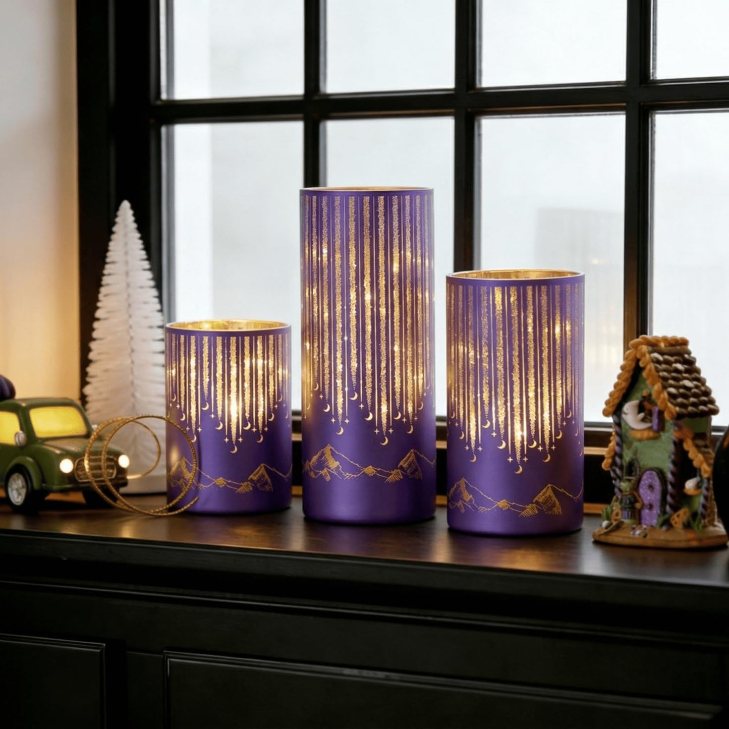 Ashroder Starry Night Elegant Hurricane Candleholders with LED Flickering Lights & Remote Timer, Decorative Glass Hurricanes for Indoor Table Centerpieces & Year-Round Home Decor, Set of 3 (Purple)