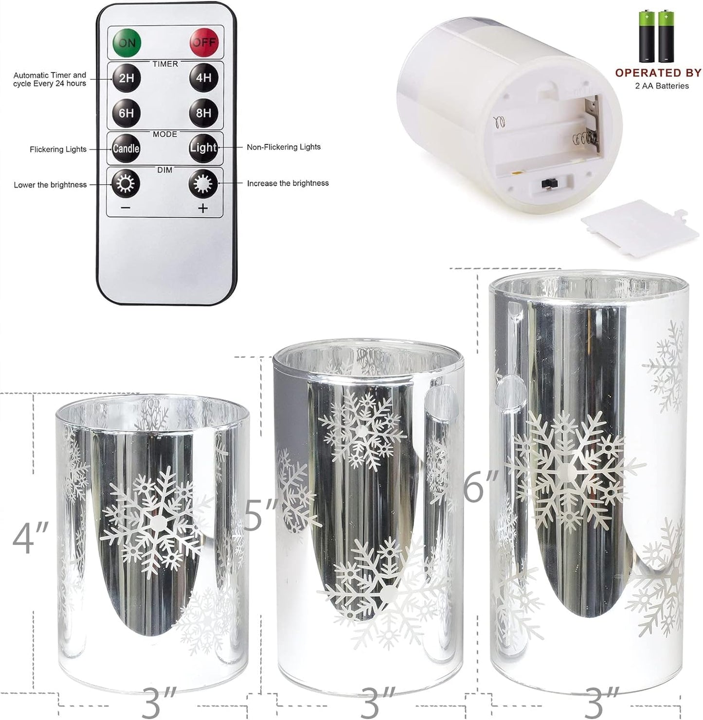 FLAVCHARM Snowflake LED Flameless Candles with Remote and Timer, Electroplate Glass Candles Operated by Battery, Christmas LED Flickering Candles Decoration for Bedroom, Party, Wedding