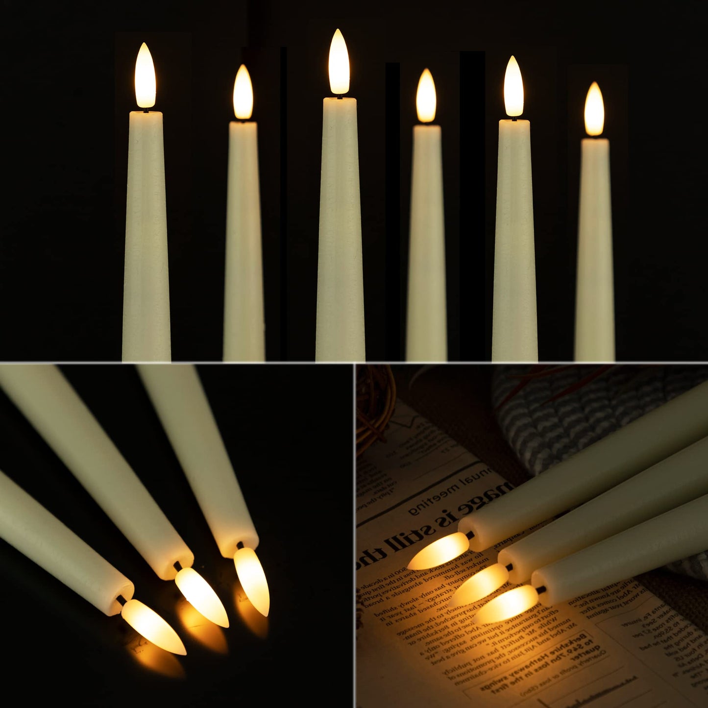 Flameless Taper Candles with 3D Wick, 9.6" Real Wax LED Candles with 2 Remote and Timer, 6 Pack Flickering Candlesticks Battery Operated, Classic Tall Taper Candle for Home, Wedding, Party, Ivory