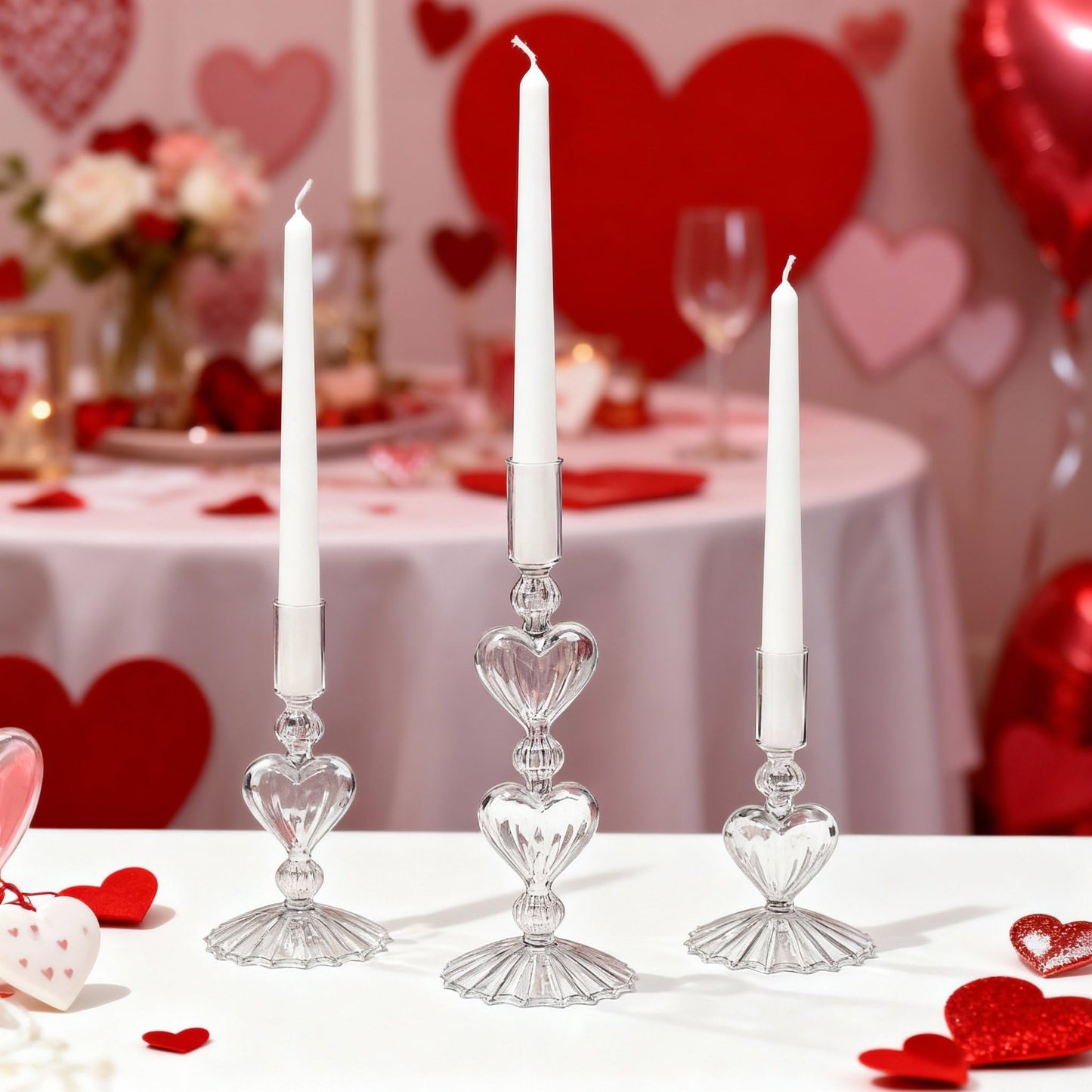 Mumufy 3 Pcs Valentine's Day Glass Candlestick Holders Heart Glass Taper Candle Holder Valentines Heart Candle Stick Vase Decor for Galentine's Day Wedding Festival Party Table Centerpiece(Clear)