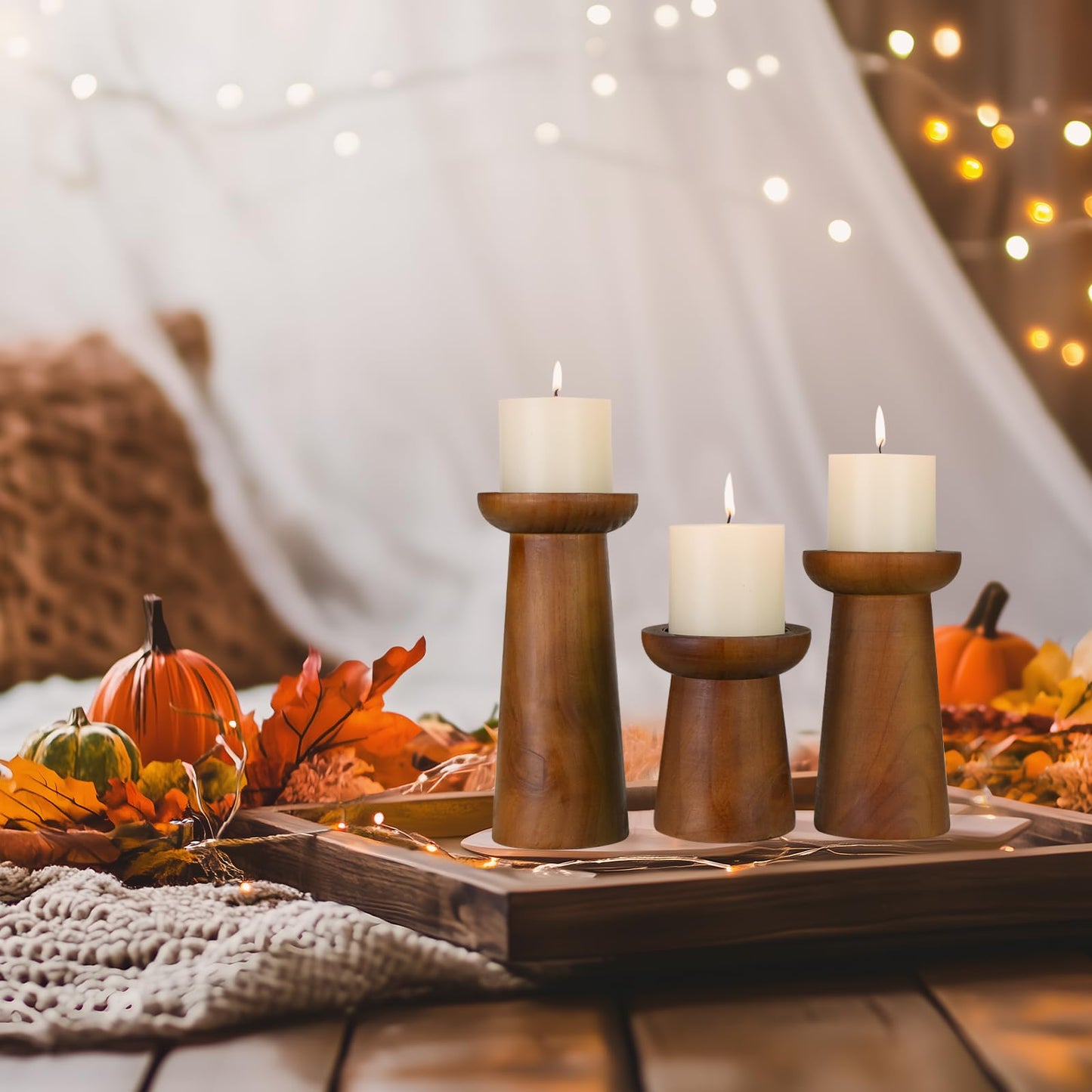 Pillar Candle Holders Set of 3， Wooden Candle Holders， Decorative Wood Candlestick Holders for Living Room, Table Centerpiece for Wedding, Christmas, Party, Home - 4", 6", 8"