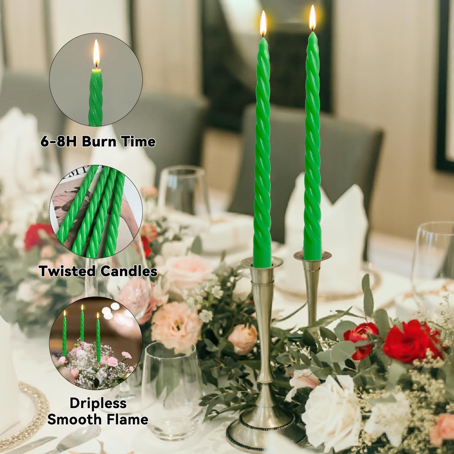 10 Inch Green Twisted Taper Candles Set for Christmas and Spring, Unscented Dripelss Candlesticks for St. Patrick's Day Holiday Party Decoration