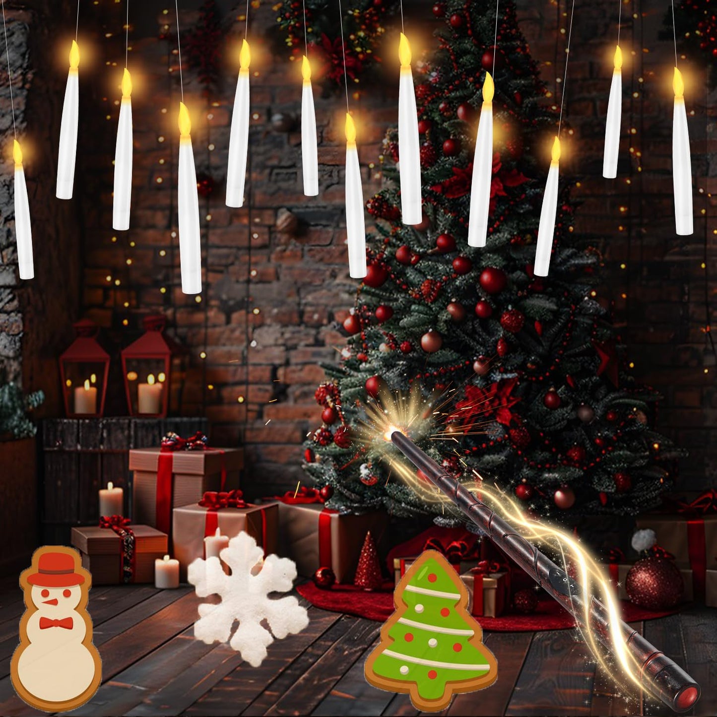 Floating Candles with Wand, 12 Pcs Magic Hanging Candles Halloween LED Taper Candles Battery Operated Floating Flameless Candles Floating Candles Hanging for Halloween Decorations
