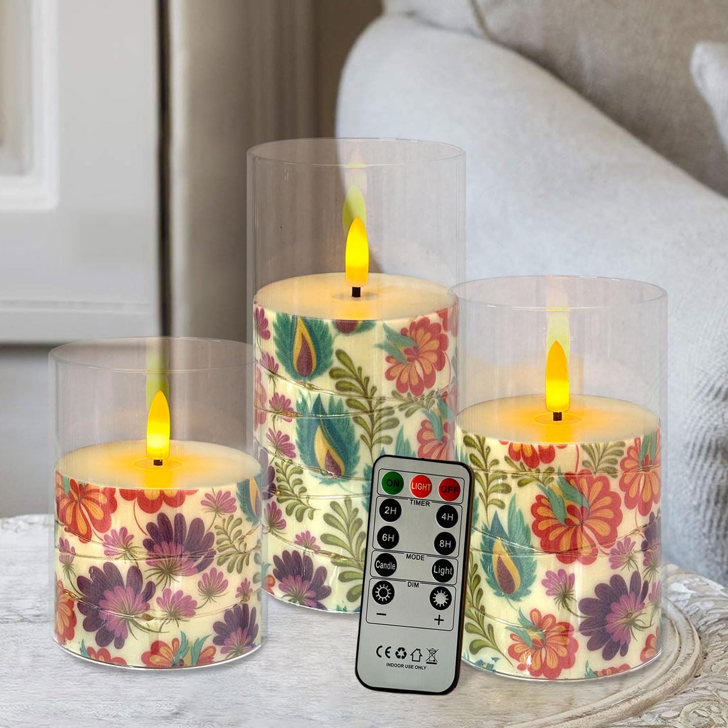 NjaoHoo Flickering Flameless Candles, Recessed String Light LED Candles 3D Wick Acrylic Battery Operated LED Pillar Candles with Remote and Timer for Modern Simple Home Decor Set of 3(Floral Printed)
