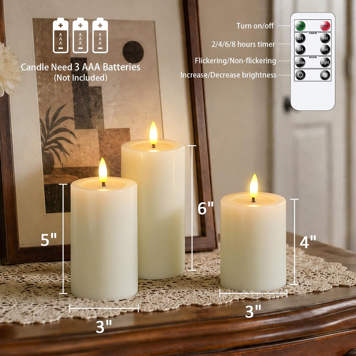 Yeelida Remote Flameless Flickering Pillar Candles with Candle Grease Effect,Pack of 3 Ivory LED Battery Oprated 2/4/6/8 Hours Timer Real Wax Electric Candles(3x4,5,6 Inches)