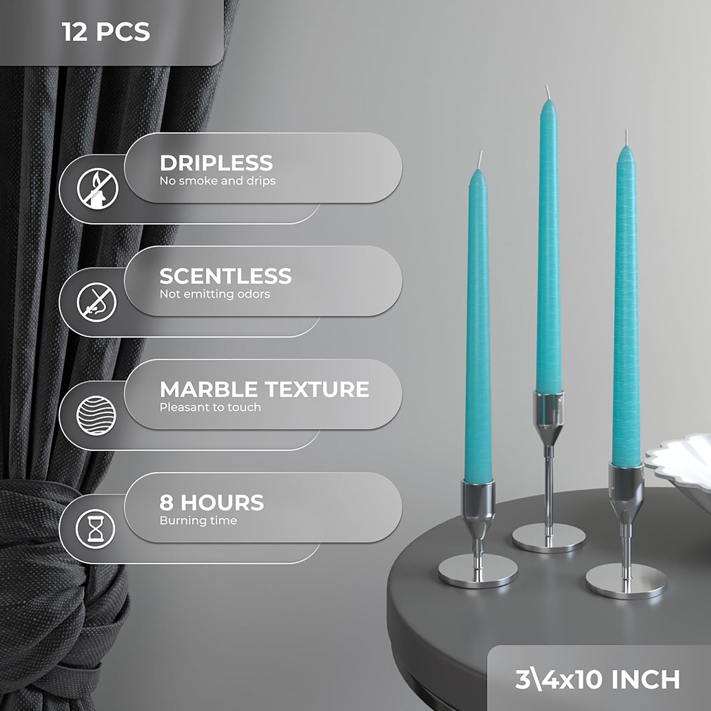 CANDWAX 10 inch Taper Candles Set of 12 - Dripless Taper Candles and Unscented Candlesticks - Perfect for Dinner or Wedding - Turquoise Candle
