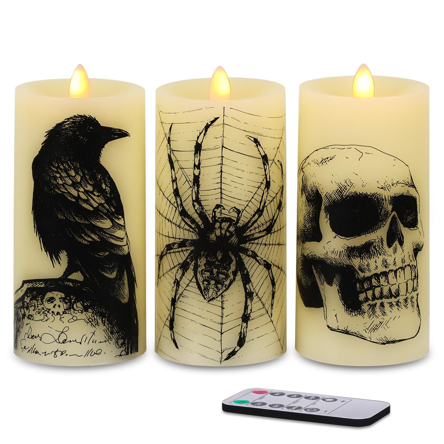 Eldnacele Halloween Flickering Candles with Skull, Spider Web, Crow, Raven Decals, Set of 3 Flat Wick Battery Operated Halloween Themed LED Candles with Remote Timer Spooky Decor