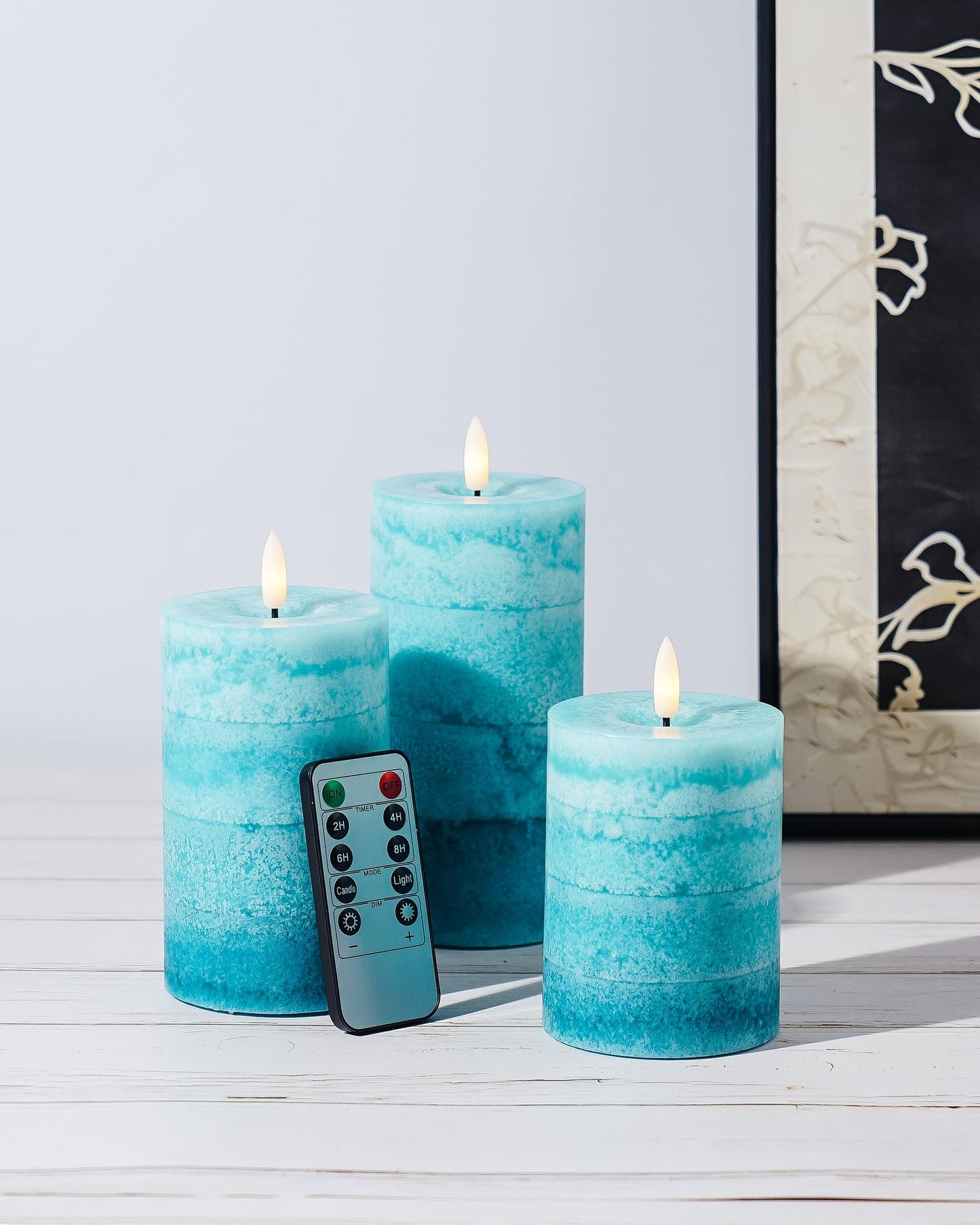 Stmarry Gradient Teal Flameless Candles with Remote and Timer, Real Wax Made LED Pillar Candles Battery Operated with 3D Flickering Flame - 3" x 4",5",6" - Set of 3 Turquoise Candles