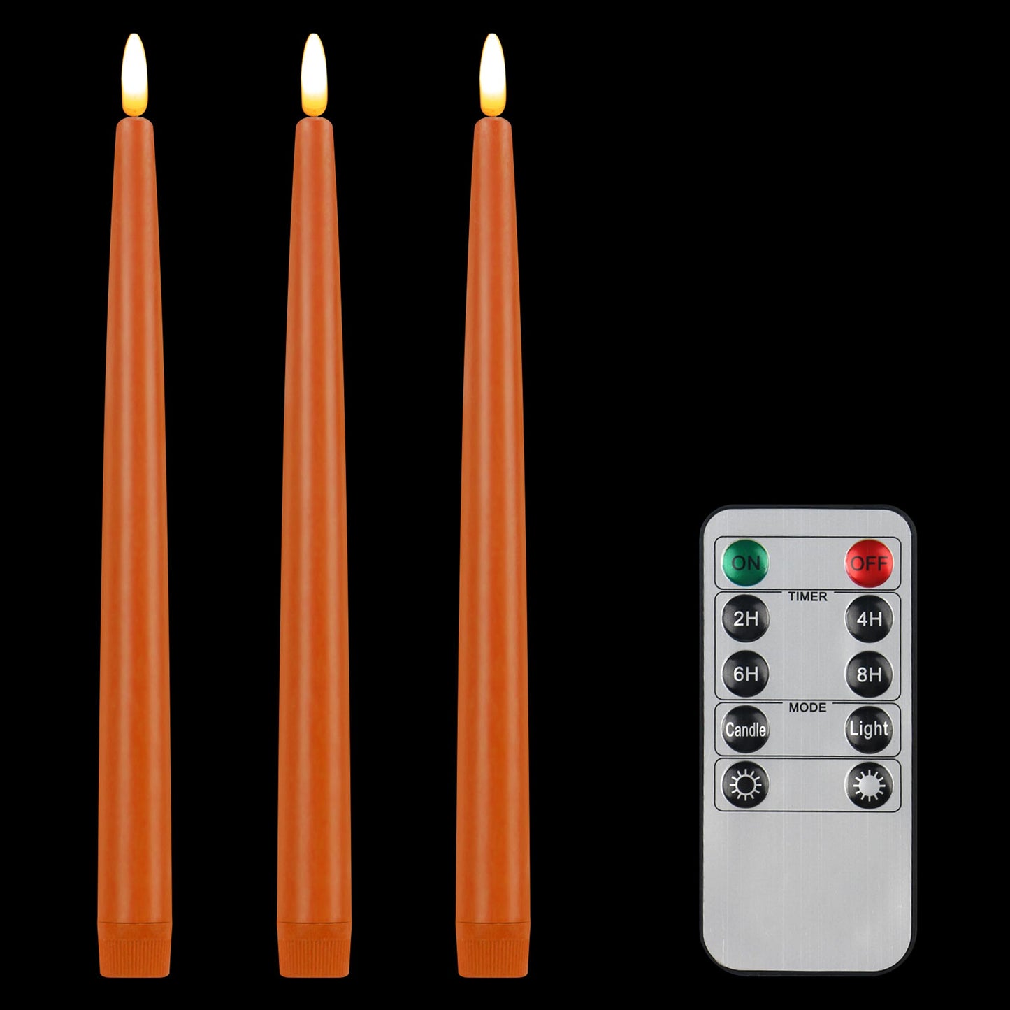 CVHOMEDECO. Flameless Taper Candles with 10-Key Remote, Battery Operated Led Flickering 3D Wick Window Candles Real Wax Finished Home Christmas Party Decor 0.78 x 11 Inch, Pack of 3, Orange