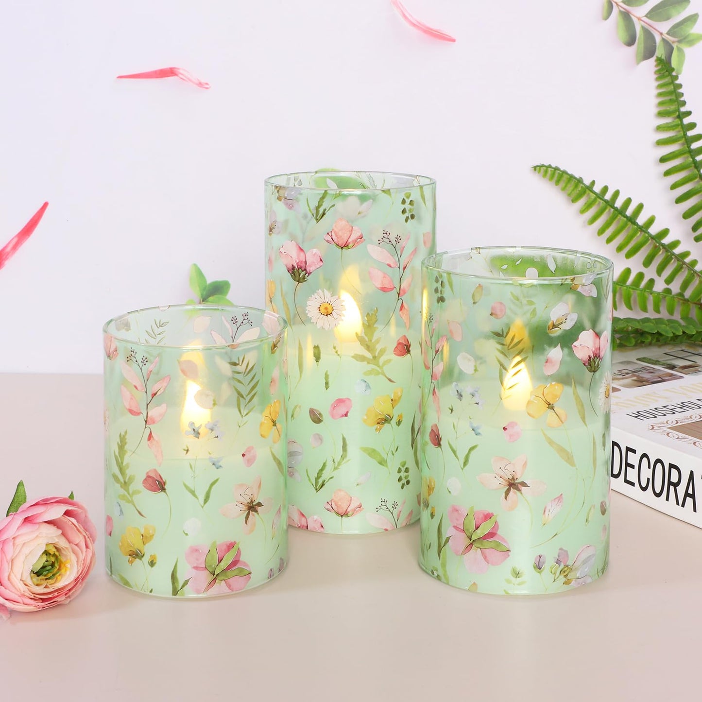 Impress Life Spring Decor Flameless Candles with Remote, 3PC Battery Operated Real Wax LED Candle, Pink Floral Decals with Flickering 3D Wick for Home Centerpiece