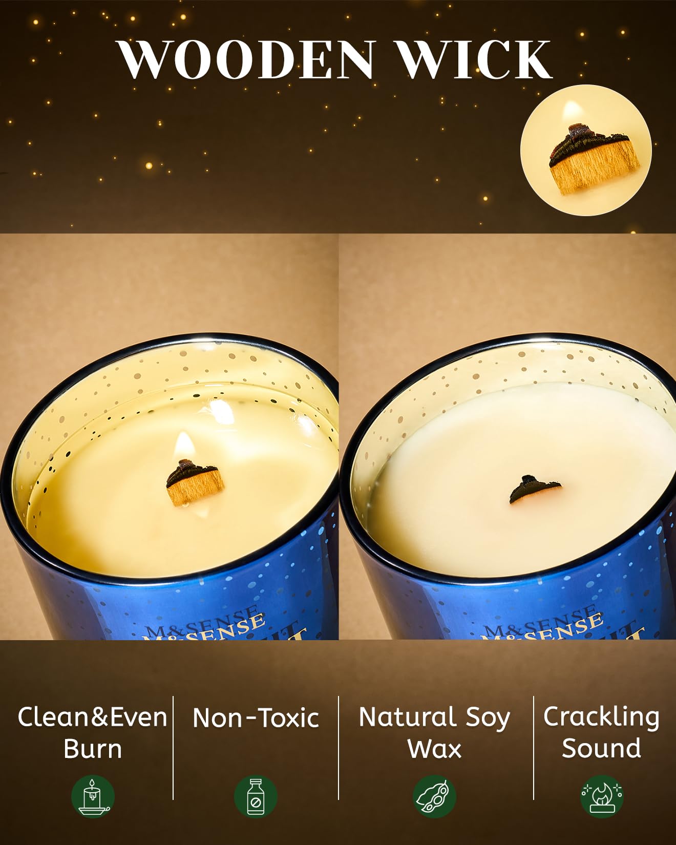 M&SENSE Sandalwood Lily Scented Winter Candle Natural Soy Wax 18oz 100 Hours Clean Non Toxic Burn, Cracking Wooden Wick Large Gift for Holiday Family Friends