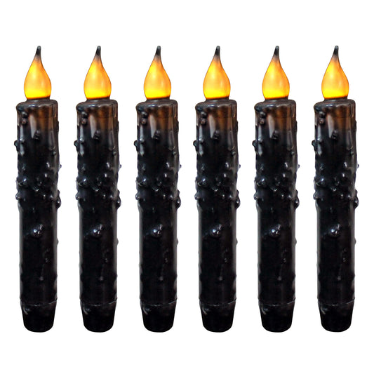 CVHOMEDECO. Real Wax Hand Dipped Battery Operated LED Timer Taper Candles Rustic Primitive Flameless Lights Décor, 6-3/4 Inch, Matt Black, 6 PCS in a Package