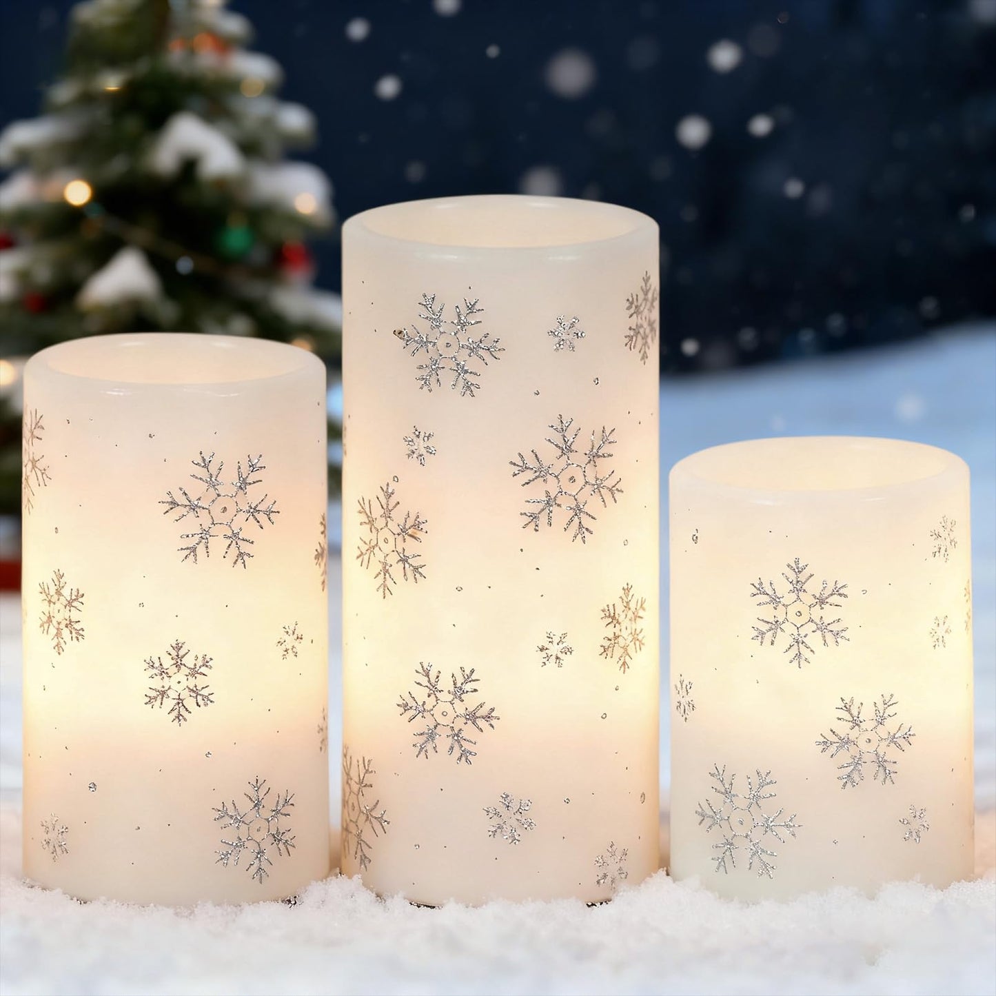 Lasumora Snowflake Christmas Candles with 6H Timer, Battery Operated Candles, Real Wax Flameless LED Candle Pillar for Home Décor Christmas Decorations Gifts, 3x4/5/6 inches