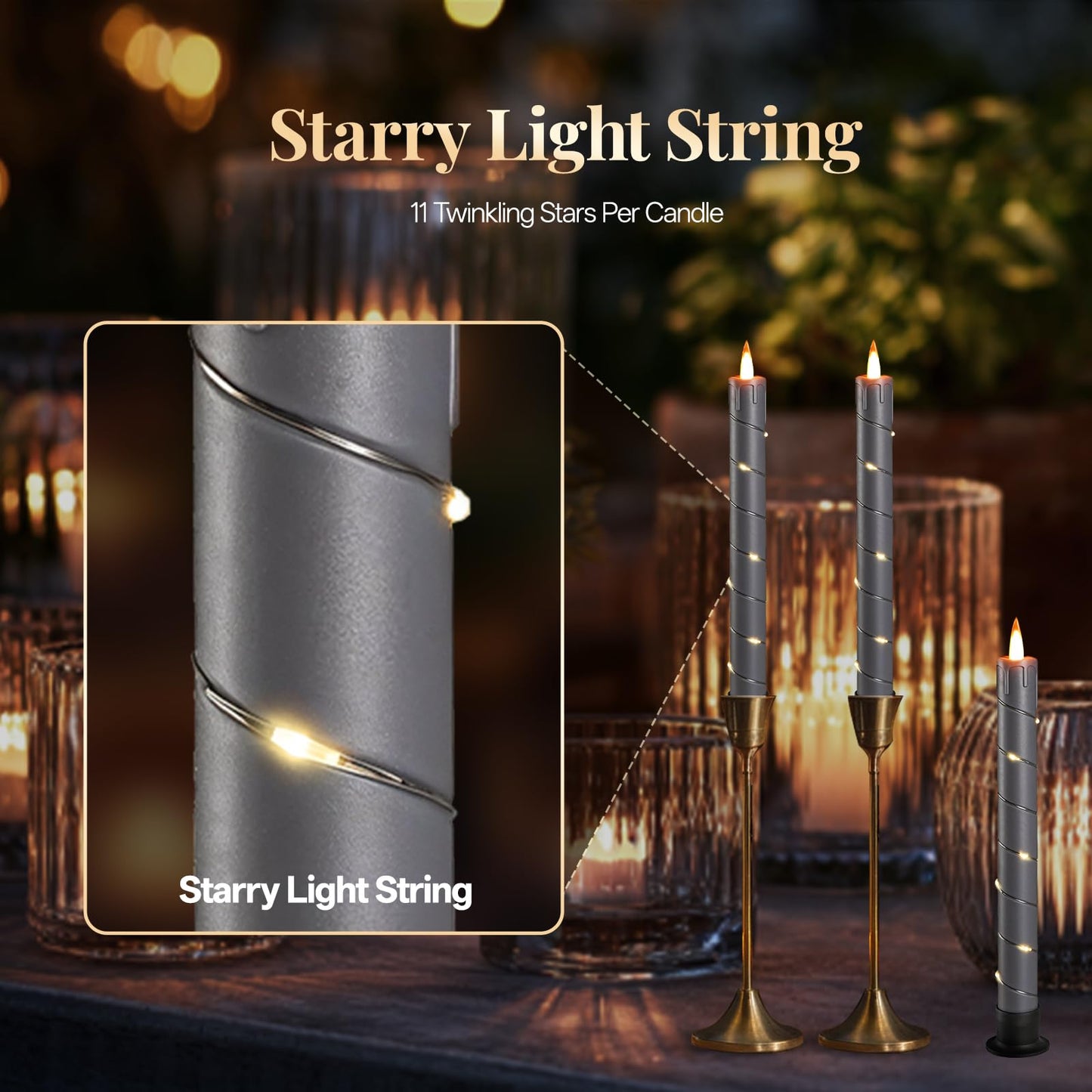 Rlojru 3PCS Flameless Taper Candles Grey Black Battery Operated, with Embedded Fairy String Lights, LED Flickering Flame Candle, Remote Control,Timer for Wedding, Birthday Party, Prom, Home Decoration