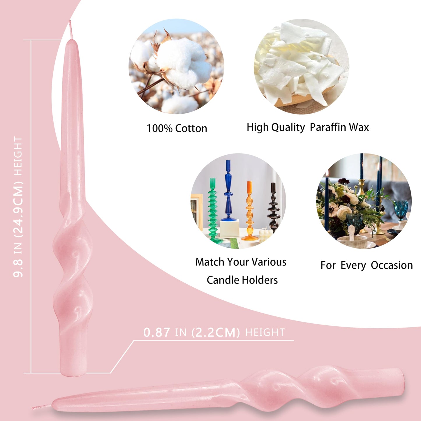9 Inch Taper Candles Twisted Candlesticks Handmade 2 Pack Unscented Spiral Candles Smokeless Candle Sticks for Wedding Easter Yoga Birthday(Pink)