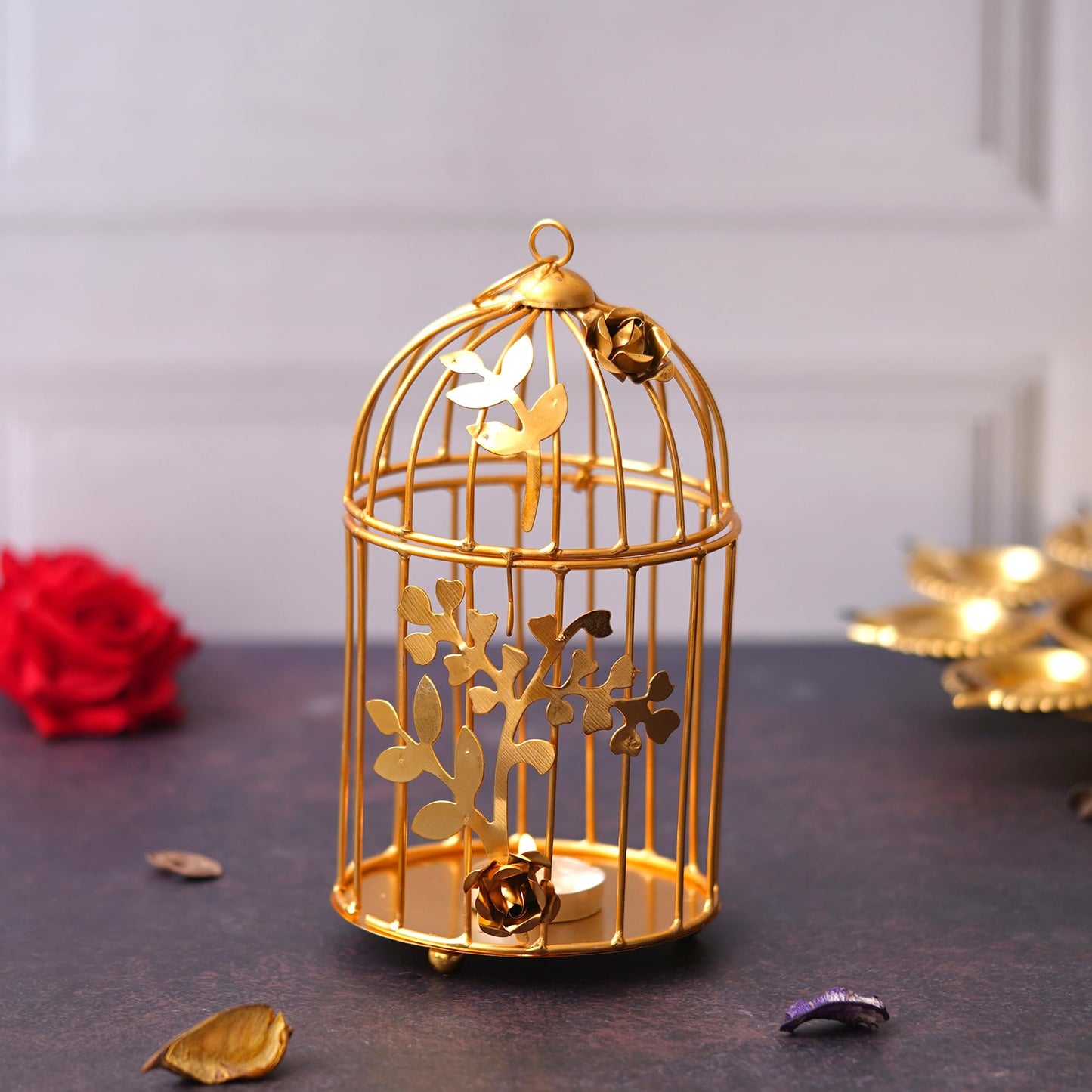Webelkart Gold Colour Metal Iron Bird Cage tealight Candle holder with Flower Vine- Diwali Candle Holder- Diwali Decorations items For Home Decor