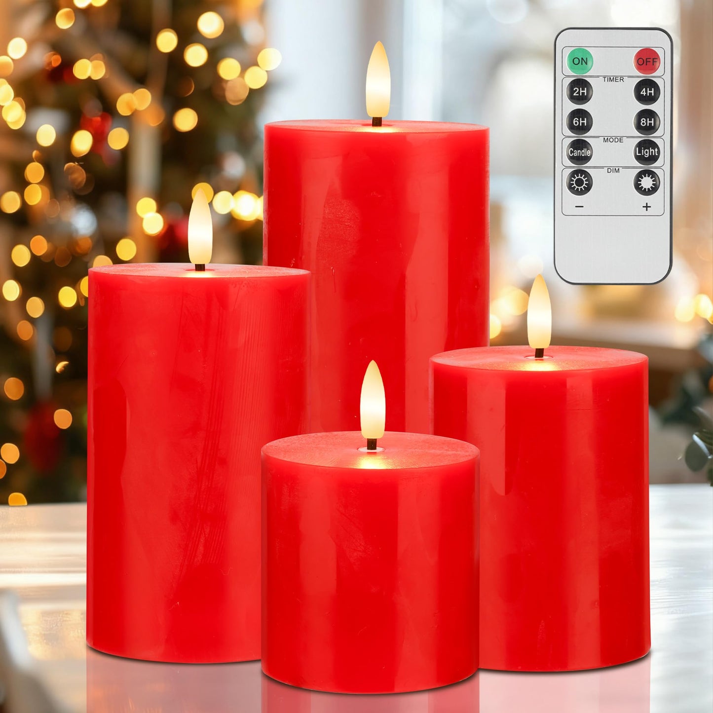 AFINETH Red Flameless Pillar Candles, Battery Operated Wax Candles with Remote, Flat Top Flickering Christmas LED Candle Decorations for Xmas, Home, Party Decor, Set of 4