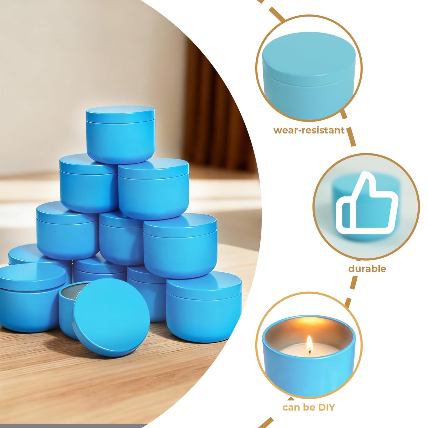 12 Pack 3 oz Candle Tins with Lids,Round Metal Candle Jars for Candle Making,Bulk Empty Tins Containers for DIY Crafts Christmas Gifts Small Business Supplies–Airtight Storage Jars (Blue)